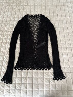 Black Crochet Openwork Long Sleeve Top